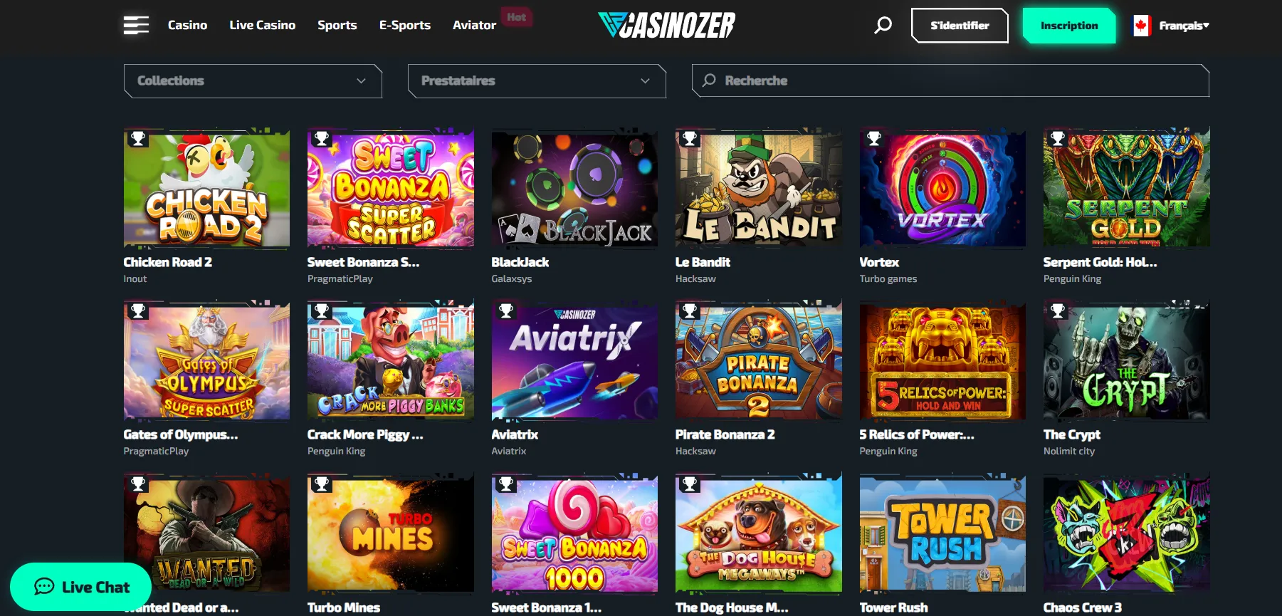 Jeux disponibles via l’application Casinozer